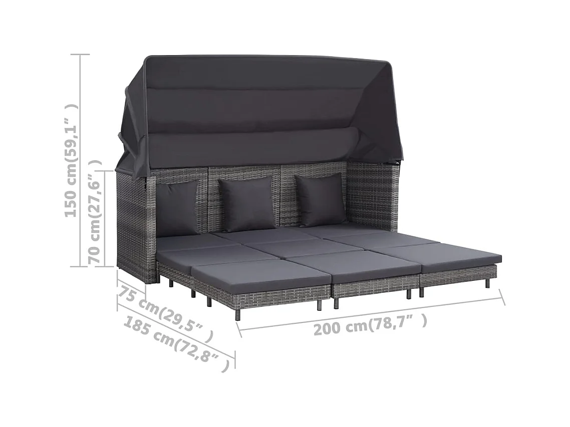 Canapé-lit extensible 3 places avec toit Résine tressée Gris