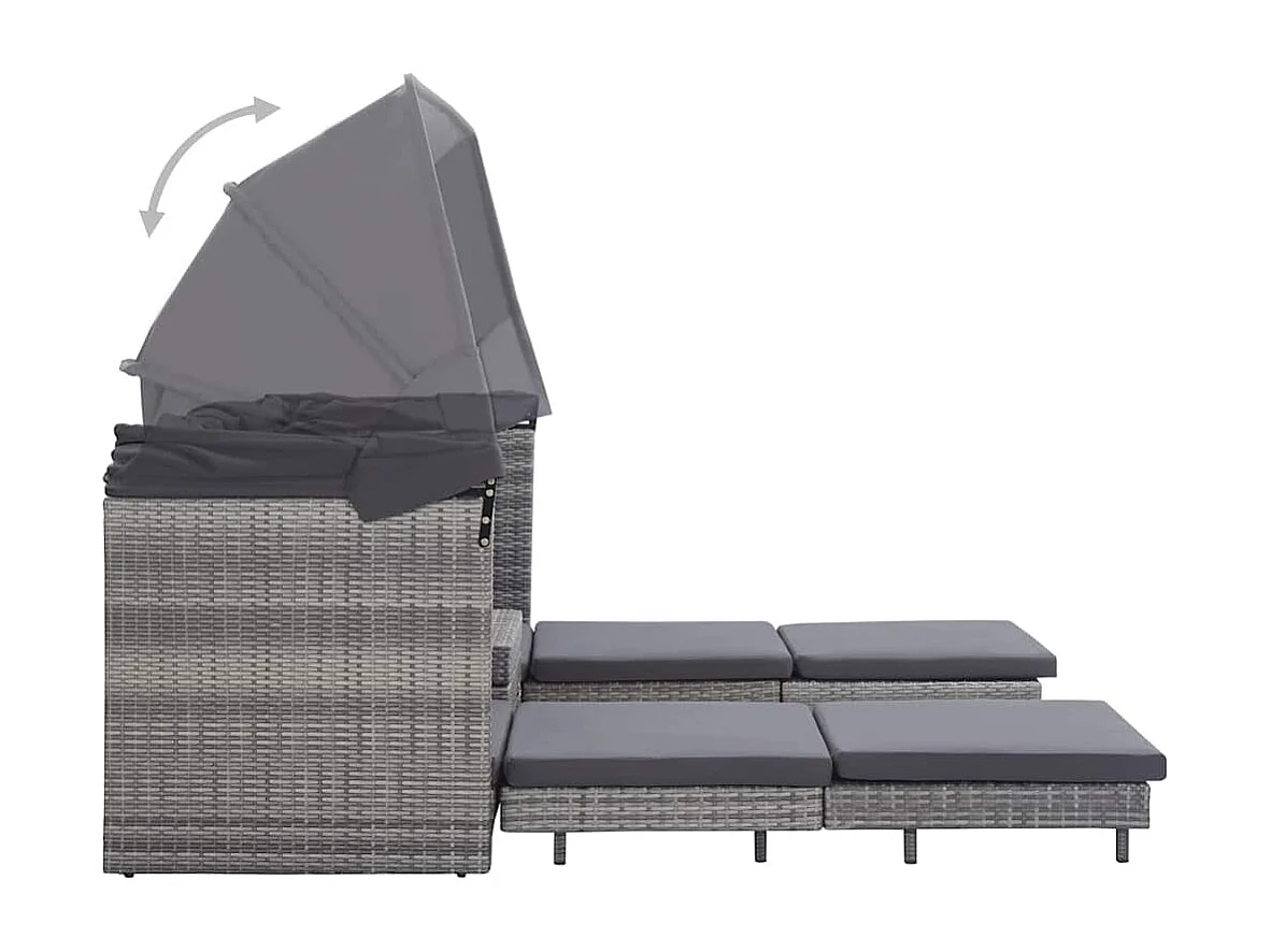 Slaapbank met luifel 3-zits verlengbaar poly rattan grijs
