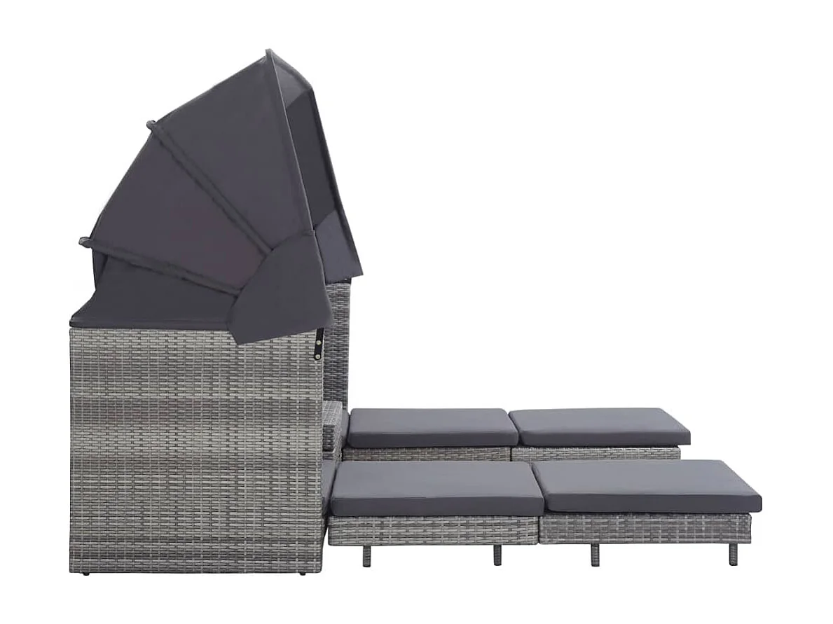 Slaapbank met luifel 3-zits verlengbaar poly rattan grijs