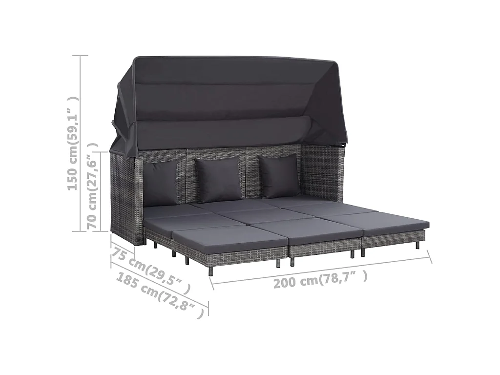 Ausziehbares 3-Sitzer-Schlafsofa mit Dach Poly Rattan Grau