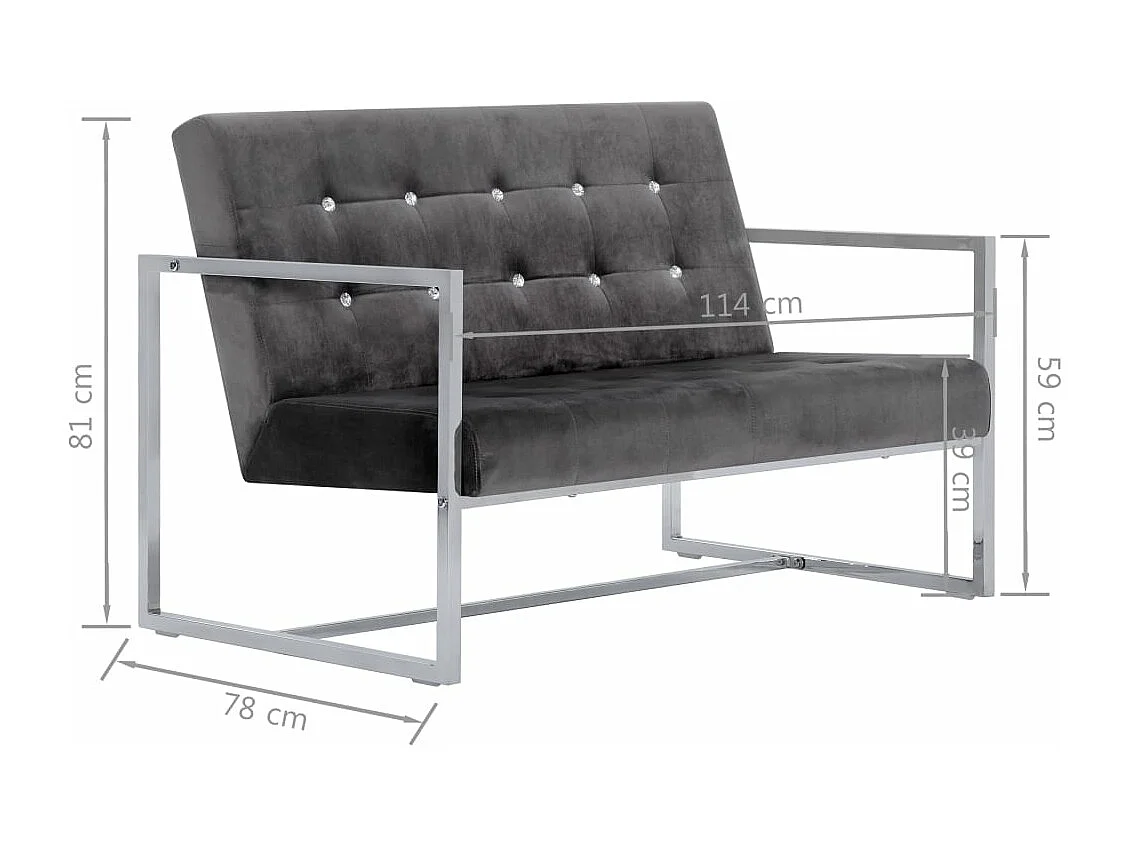 Tweezitsbank met armleuningen chroom en fluweel donkergrijs