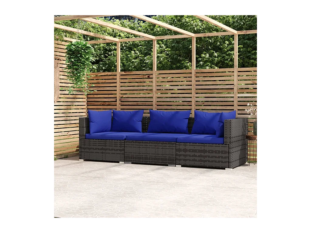 Divano a 3 Posti con Cuscini in Polyrattan Grigio