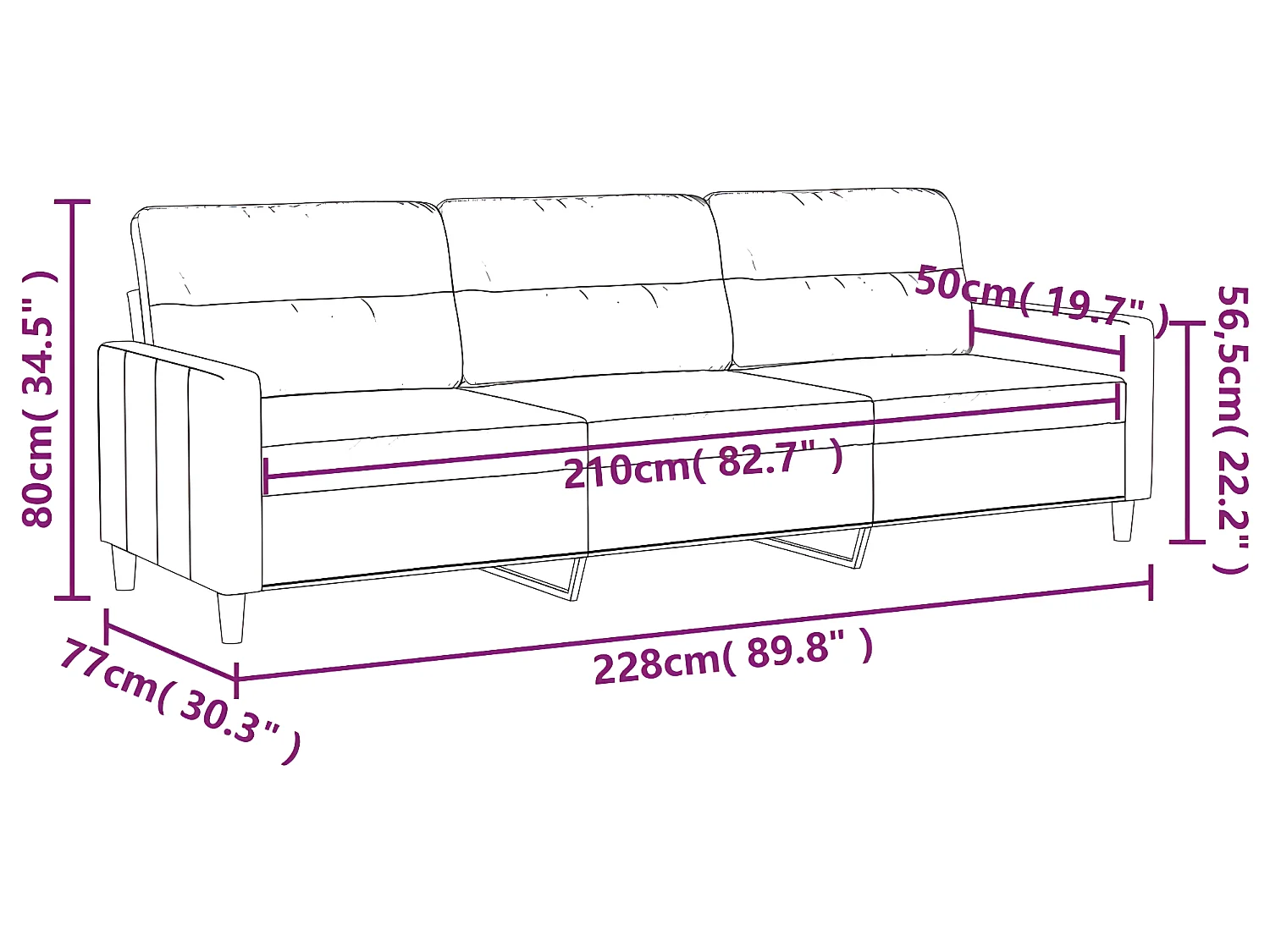 Canapé à 3 places Gris foncé 210 cm Tissu