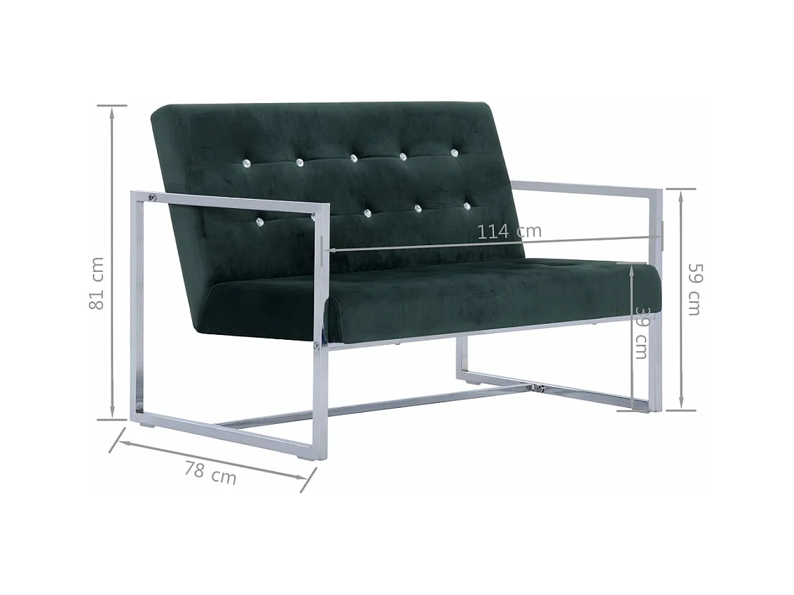 Tweezitsbank met armleuningen chroom en fluweel donkergroen