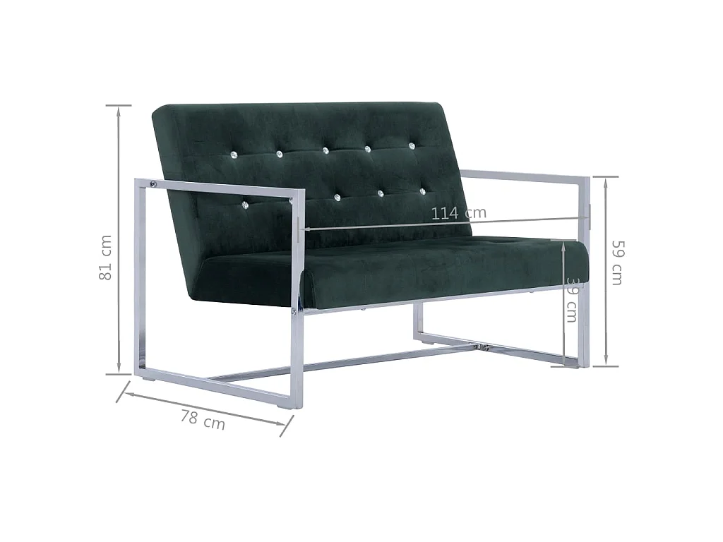Sofá 2 lugares c/ apoio de braços cromado e veludo verde-escuro
