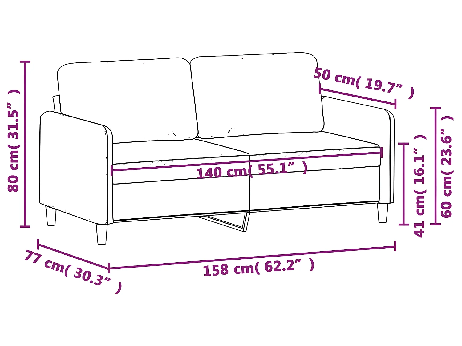 Canapé à 2 places Gris clair 140 cm Velours