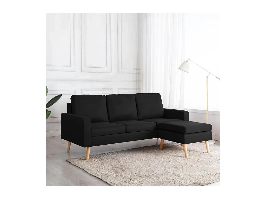 Canapé à 3 places avec repose-pied Noir Tissu