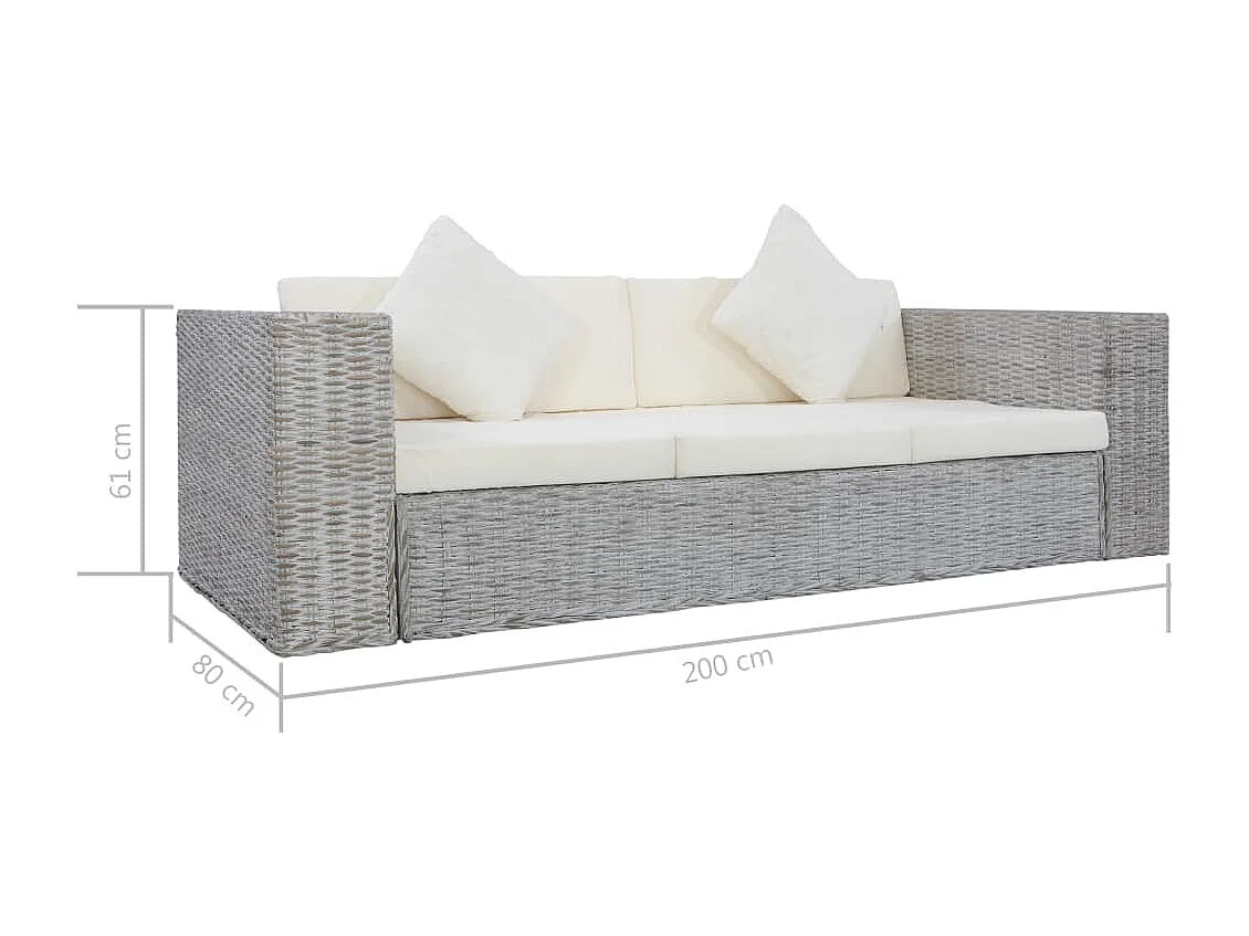 Canapé à 3 places avec coussins Gris Rotin naturel
