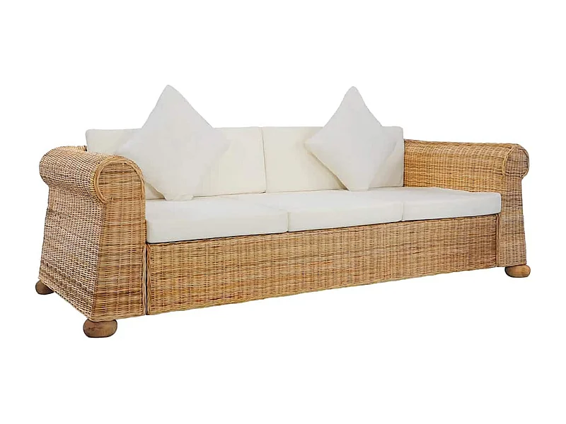 Divano a 3 Posti con Cuscini in Rattan Naturale