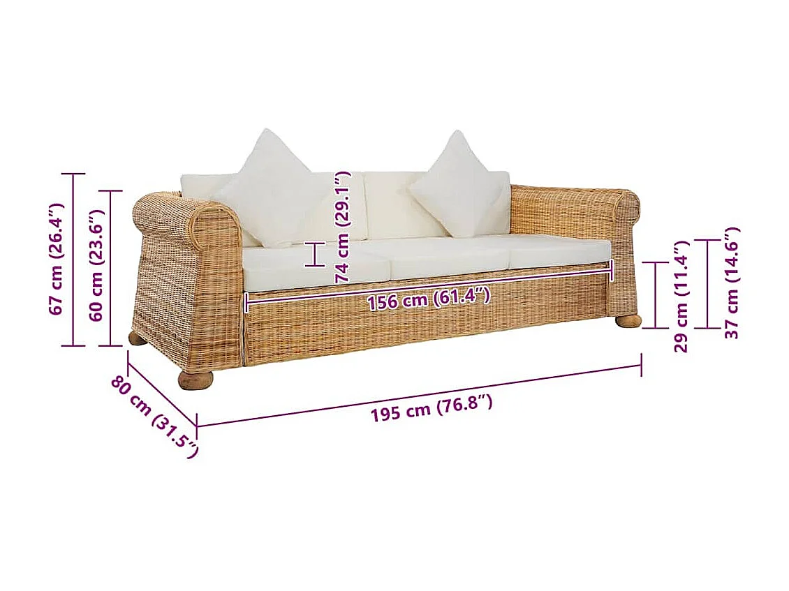 Canapé à 3 places avec coussins Rotin naturel