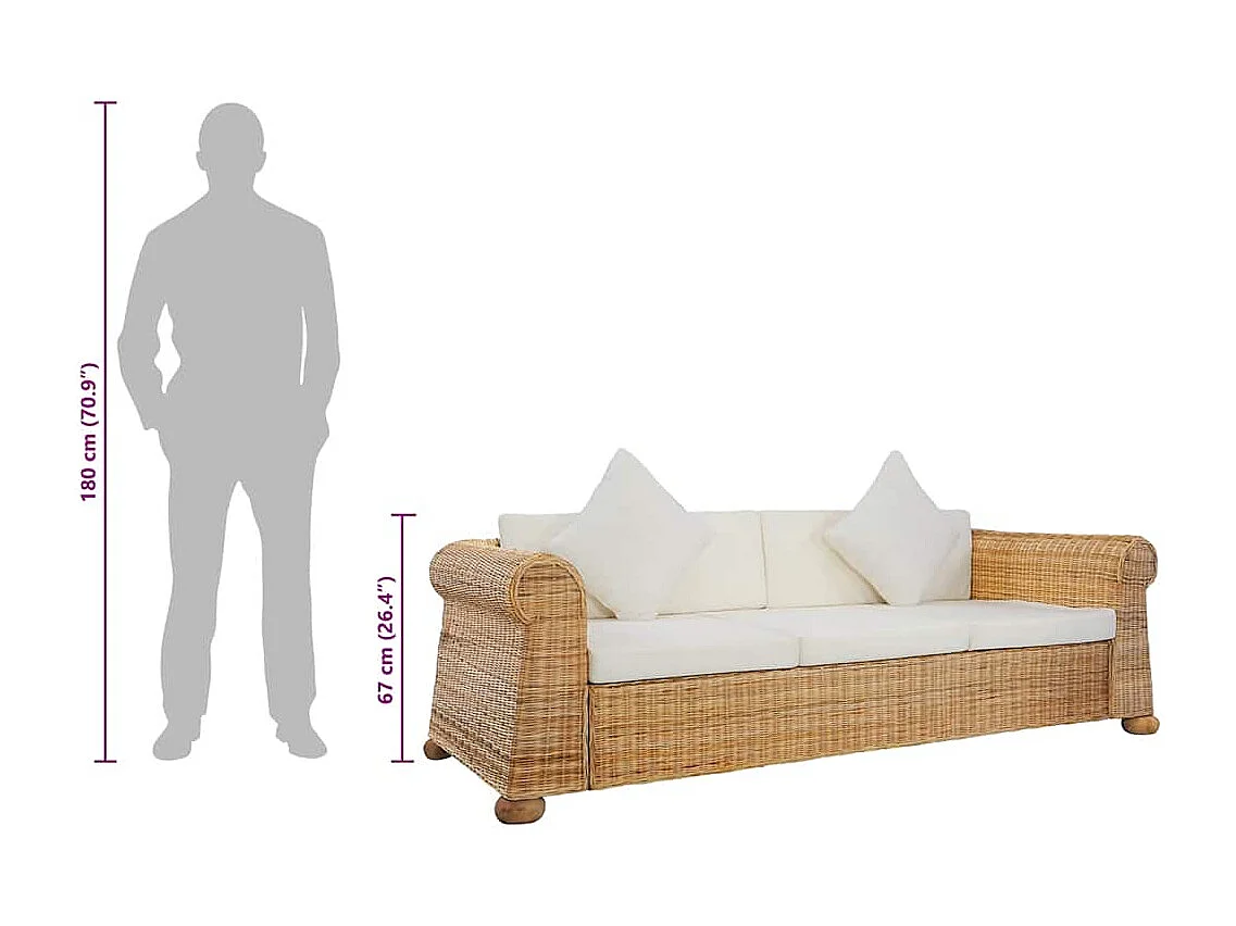 Canapé à 3 places avec coussins Rotin naturel