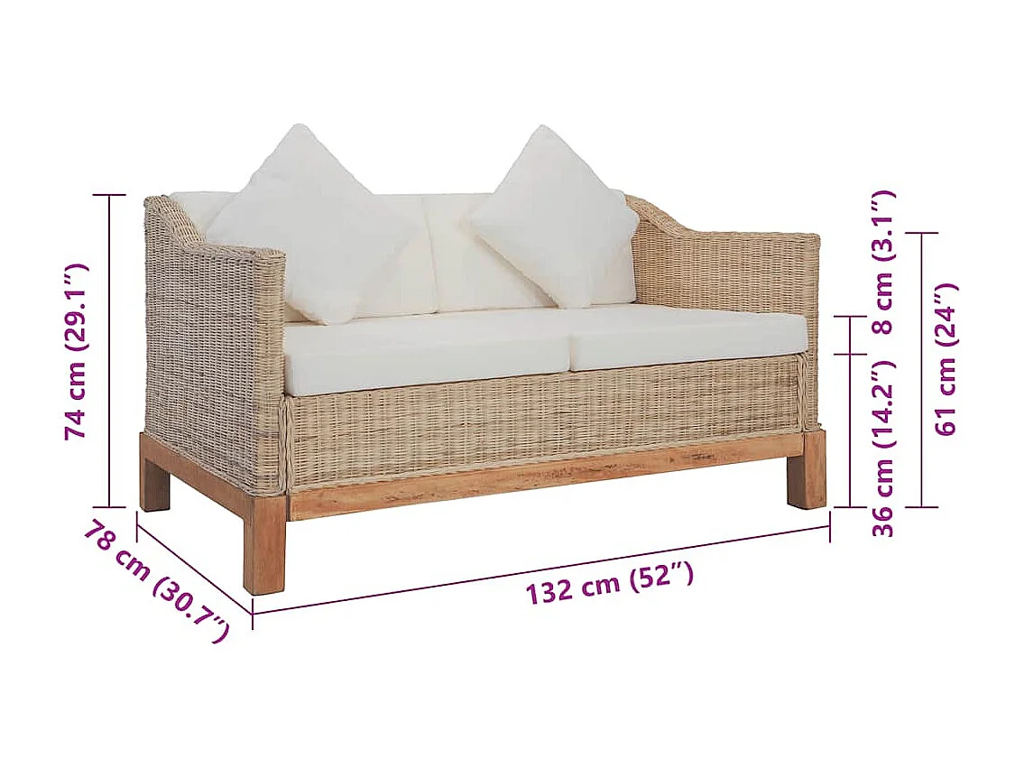 Divano a 2 Posti con Cuscini in Rattan Naturale