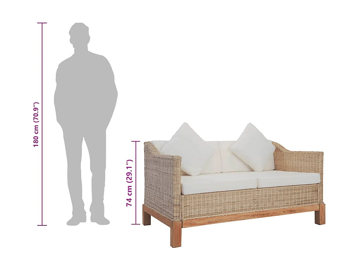 Divano a 2 Posti con Cuscini in Rattan Naturale