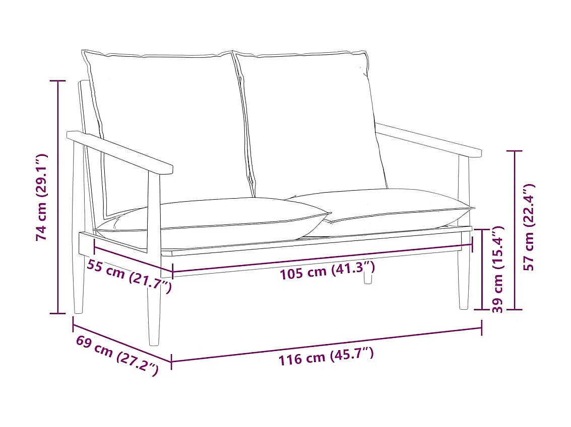 Tweezitsbank echt leer met acaciahout bruin