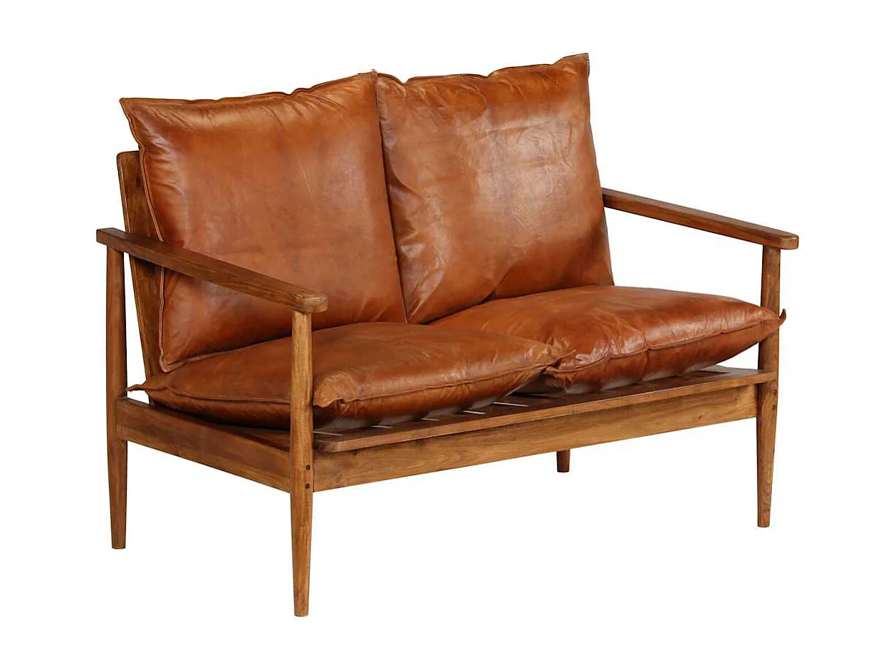 Canapé à 2 places Cuir véritable avec bois d'acacia Marron