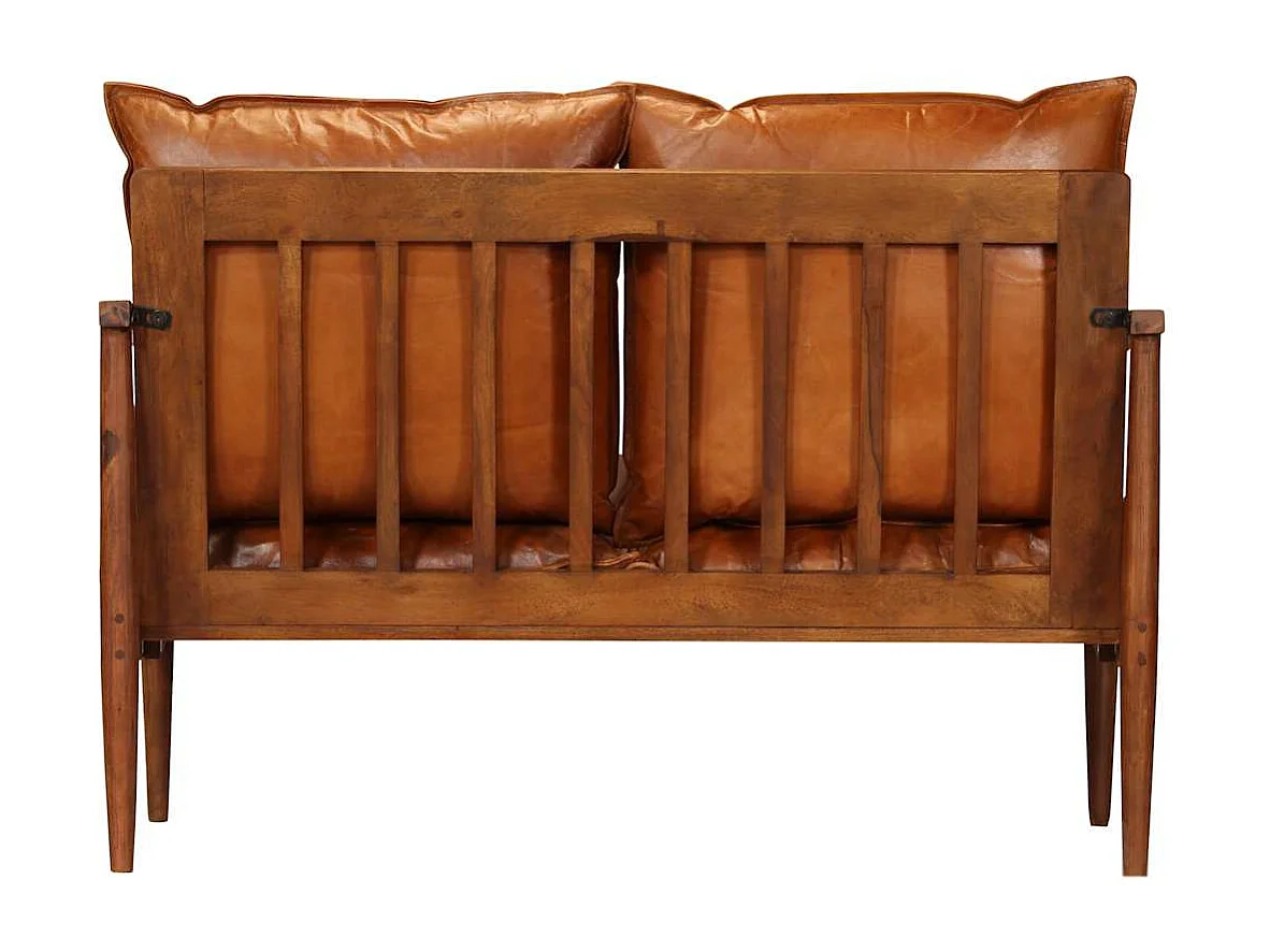 Tweezitsbank echt leer met acaciahout bruin