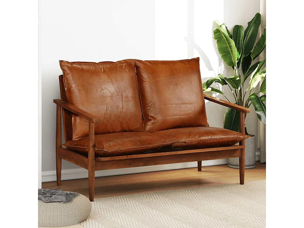 Canapé à 2 places Cuir véritable avec bois d'acacia Marron