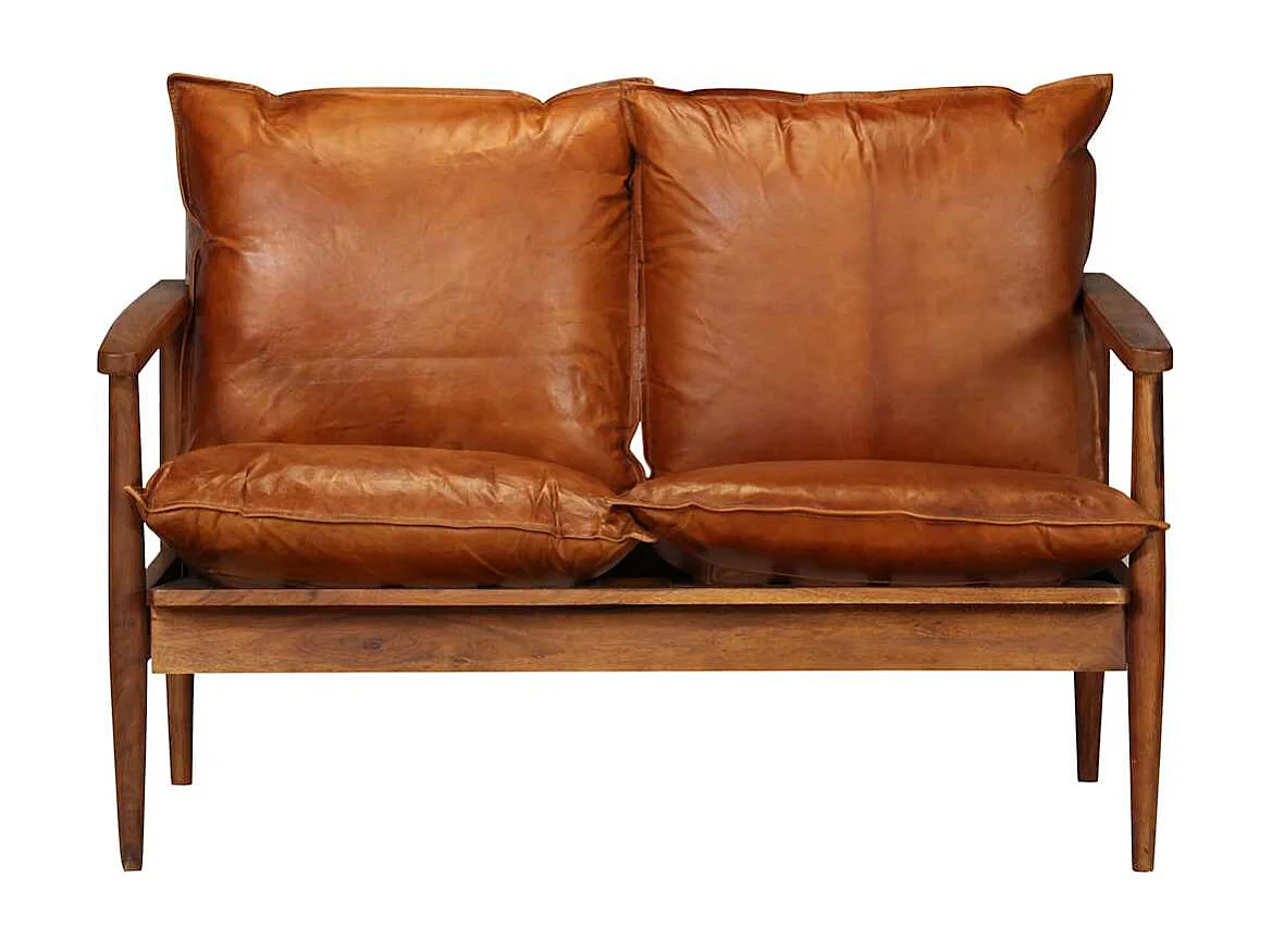 Canapé à 2 places Cuir véritable avec bois d'acacia Marron