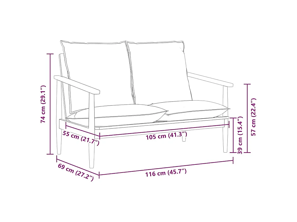 Tweezitsbank echt leer met acaciahout bruin
