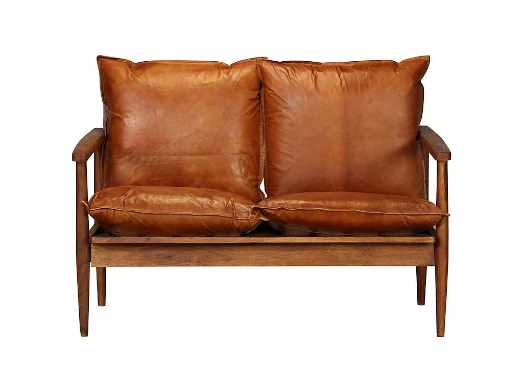 Tweezitsbank echt leer met acaciahout bruin