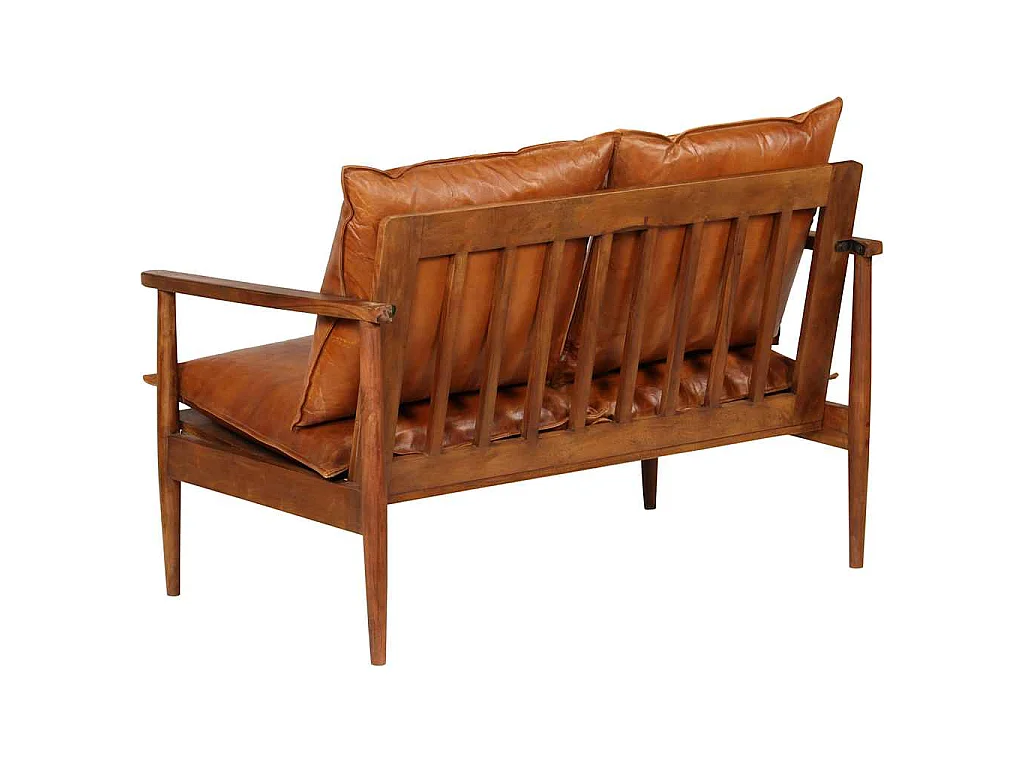 Tweezitsbank echt leer met acaciahout bruin