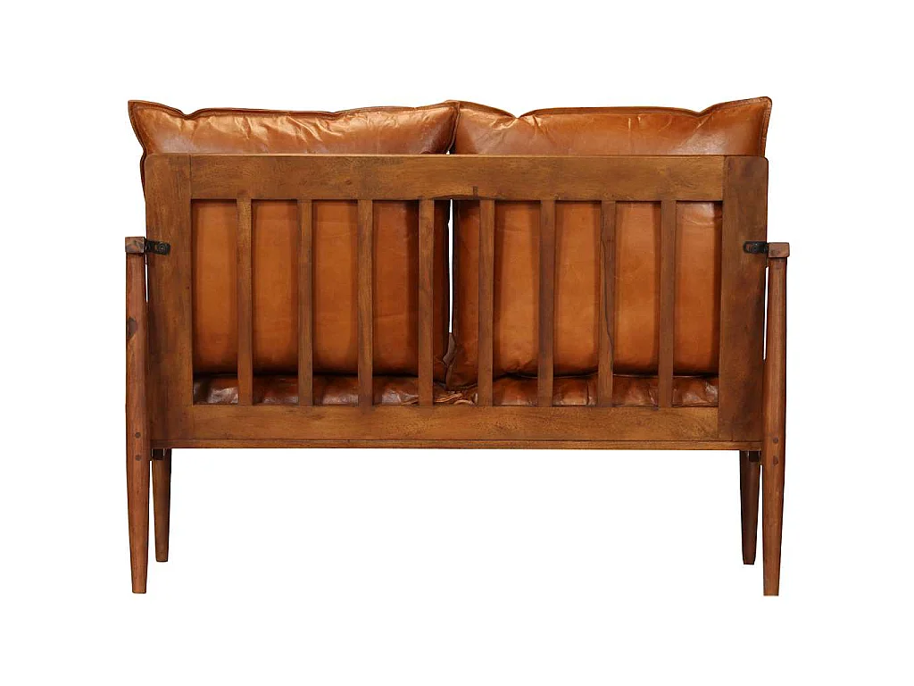 Tweezitsbank echt leer met acaciahout bruin