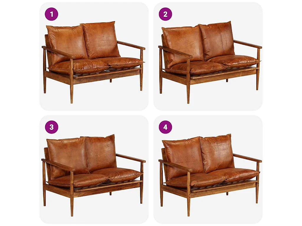 Tweezitsbank echt leer met acaciahout bruin