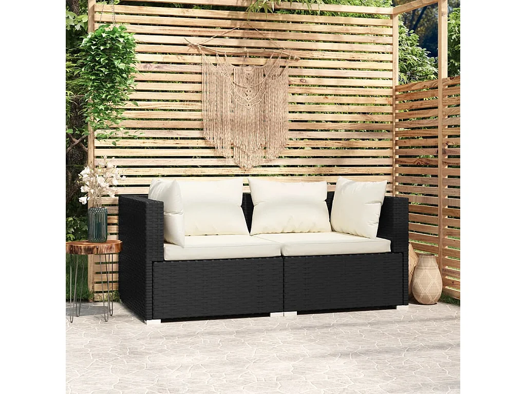 Tweezitsbank met kussens poly rattan zwart