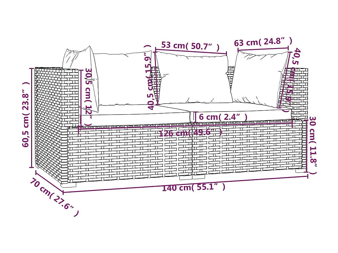 Tweezitsbank met kussens poly rattan zwart