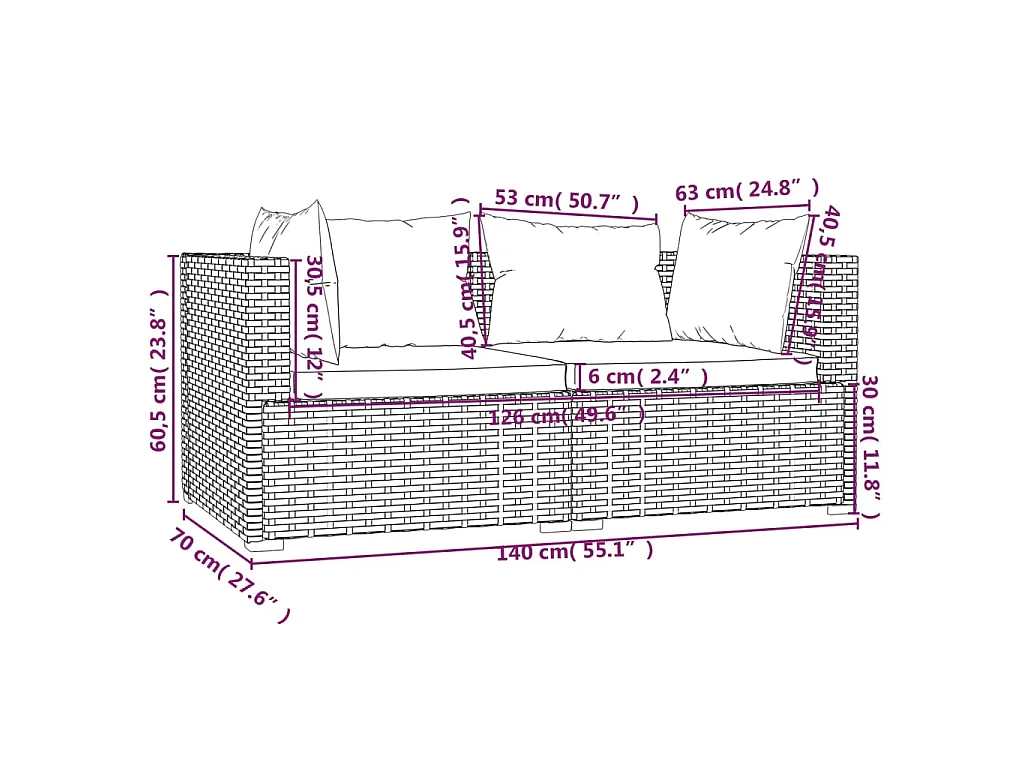 Tweezitsbank met kussens poly rattan zwart