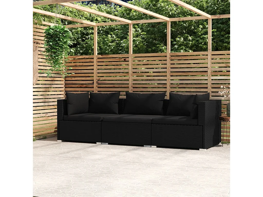 Divano a 3 Posti con Cuscini in Polyrattan Nero