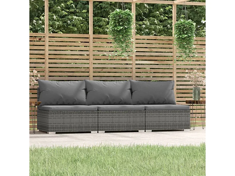 3-Sitzer-Sofa mit Kissen Grau Poly Rattan