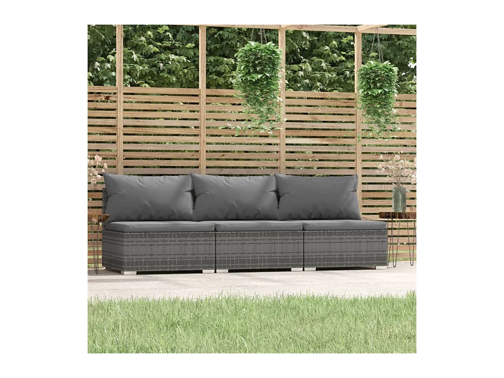 3-Sitzer-Sofa mit Kissen Grau Poly Rattan