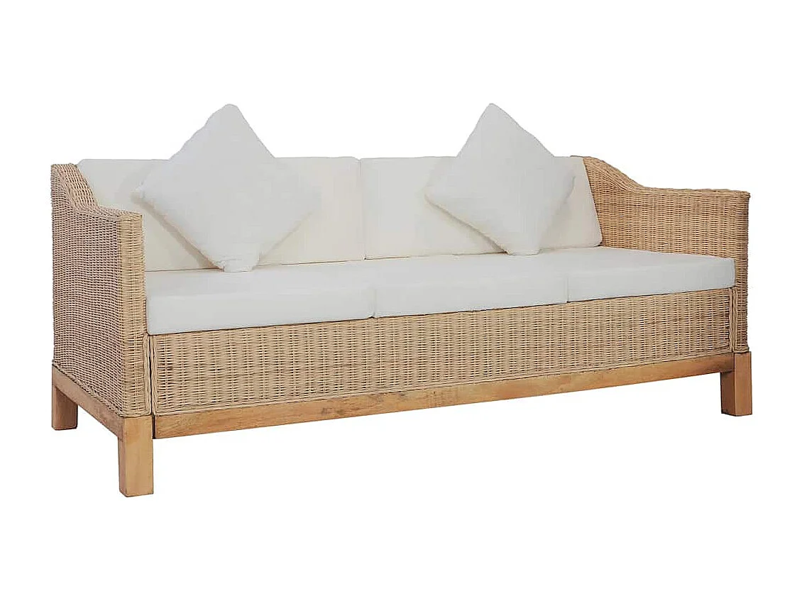 Driezitsbank met kussens natuurlijk rattan