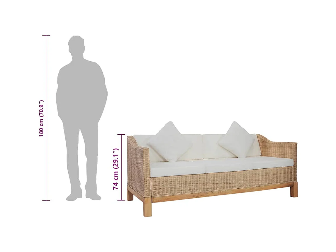 Driezitsbank met kussens natuurlijk rattan