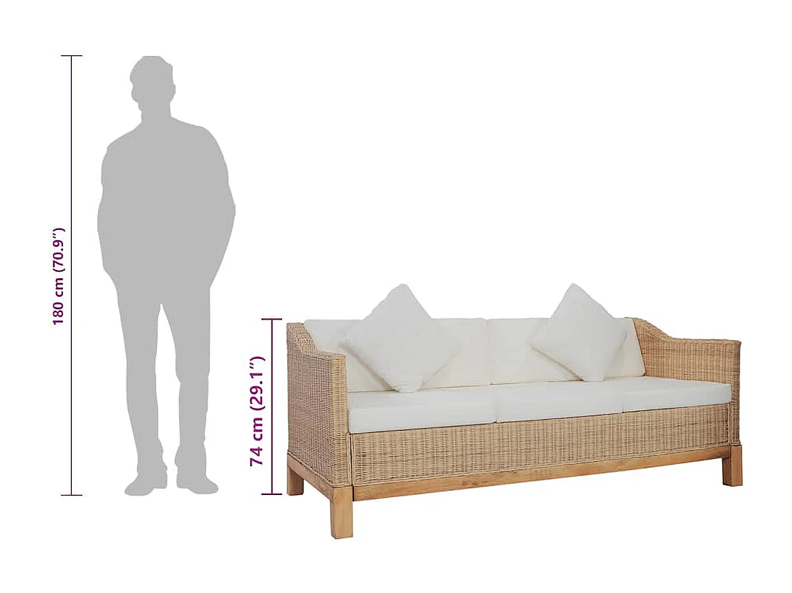 Canapé à 3 places avec coussins Rotin naturel