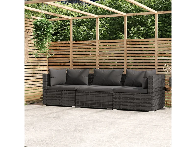 Canapé 3 places avec coussins Gris Résine tressée