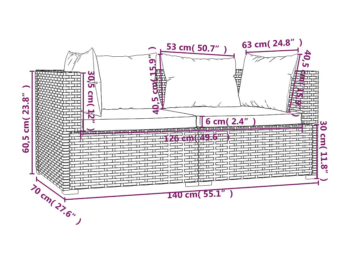 Canapé 2 places avec coussins Gris Résine tressée