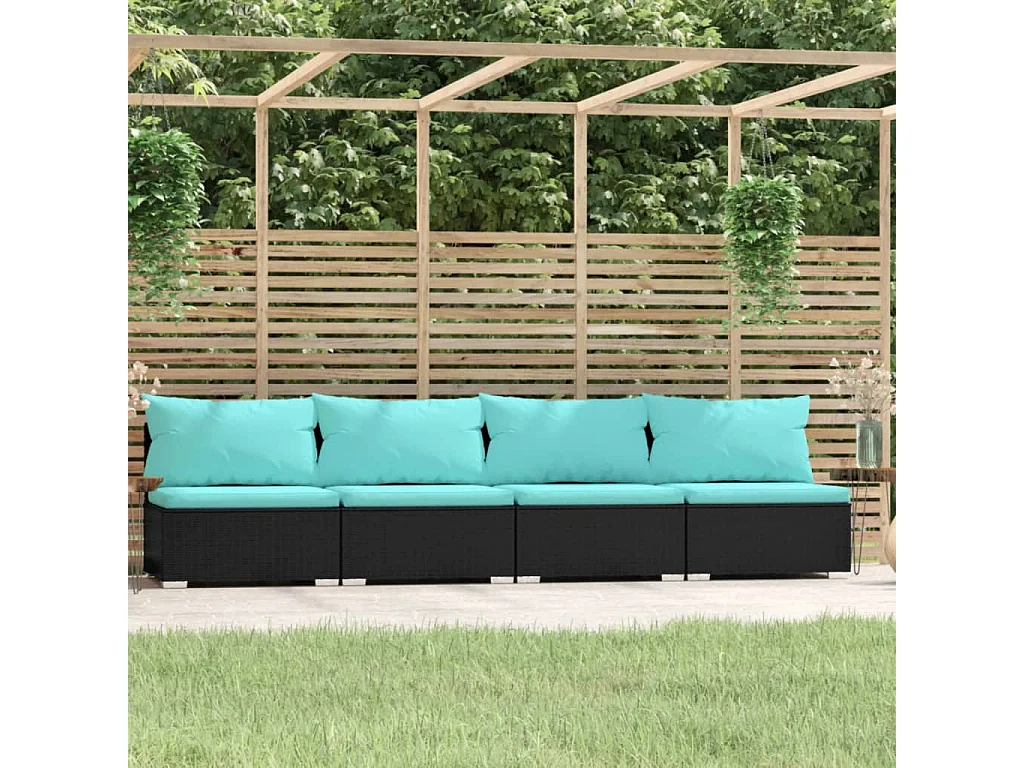 Canapé 4 places avec coussins Noir Résine tressée