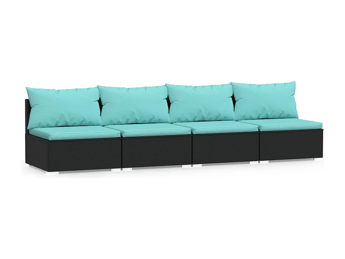 Canapé 4 places avec coussins Noir Résine tressée