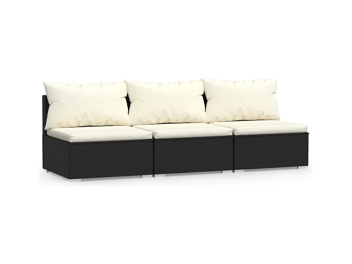 Divano a 3 Posti con Cuscini in Polyrattan Nero