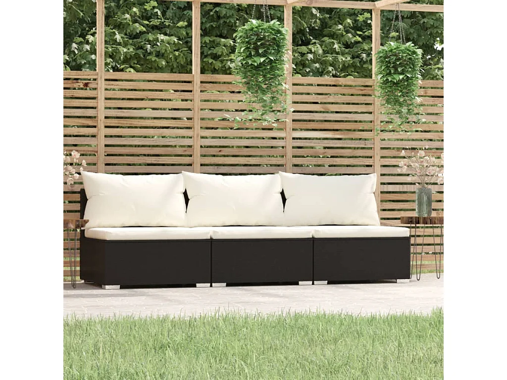 Divano a 3 Posti con Cuscini in Polyrattan Nero