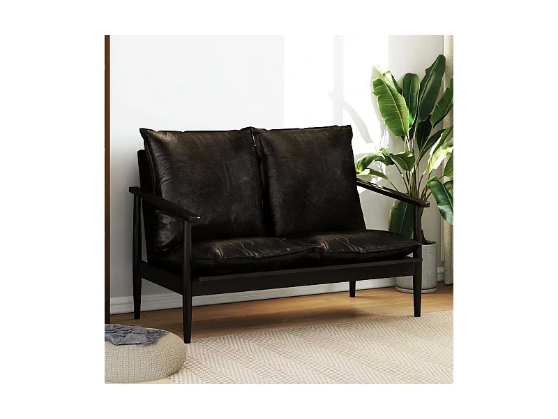 Divano a 2 Posti in Vera Pelle con Legno di Acacia Nero