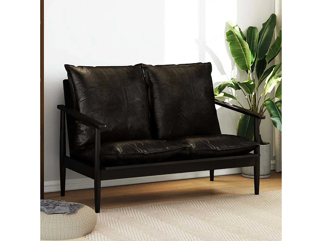 Canapé à 2 places Cuir véritable avec bois d'acacia Noir