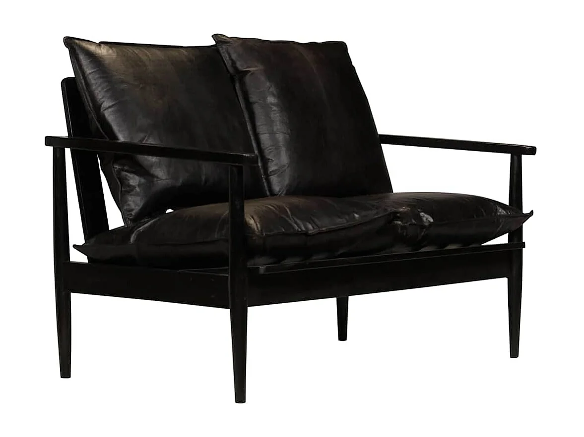 Canapé à 2 places Cuir véritable avec bois d'acacia Noir