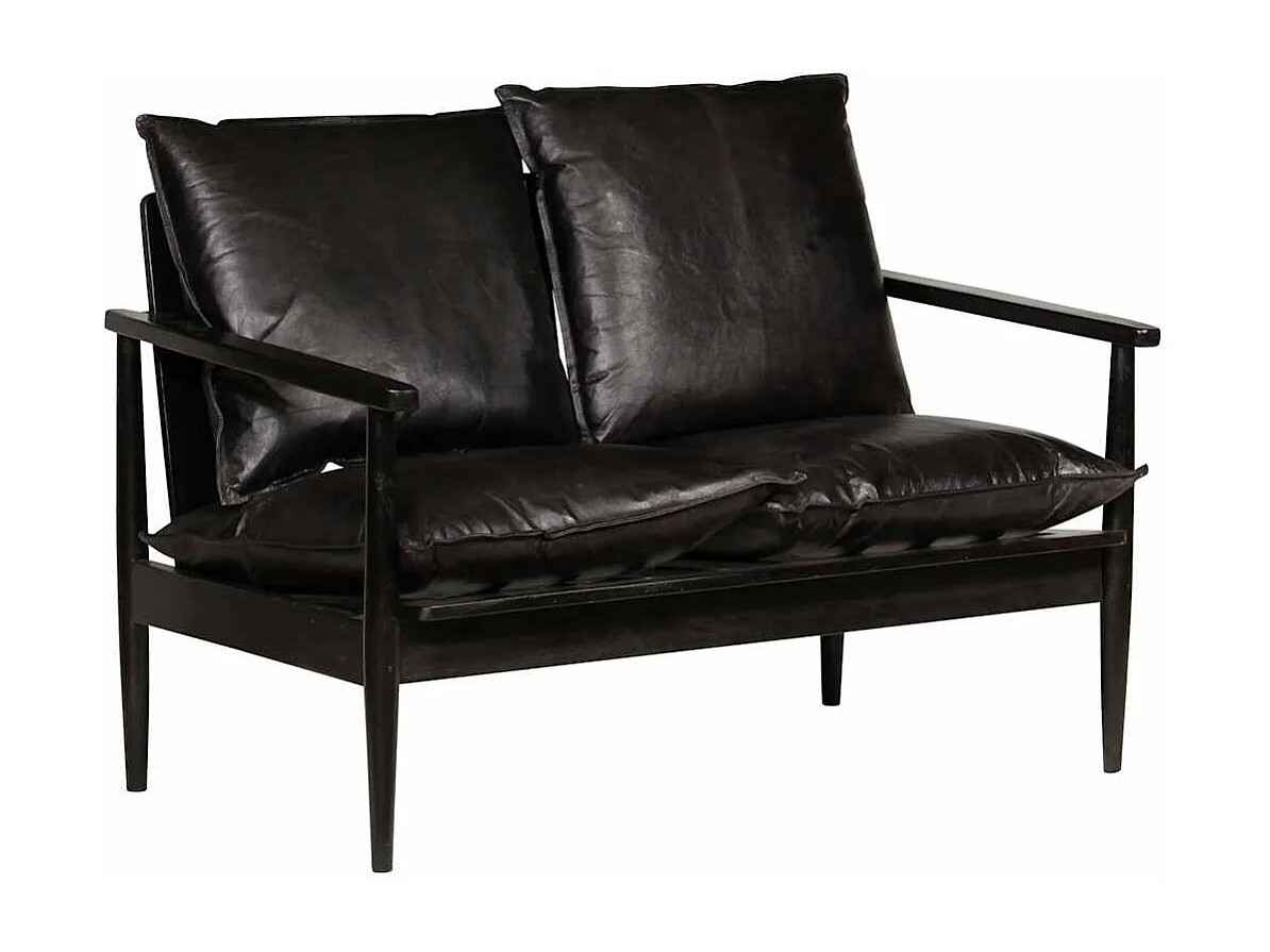 Canapé à 2 places Cuir véritable avec bois d'acacia Noir