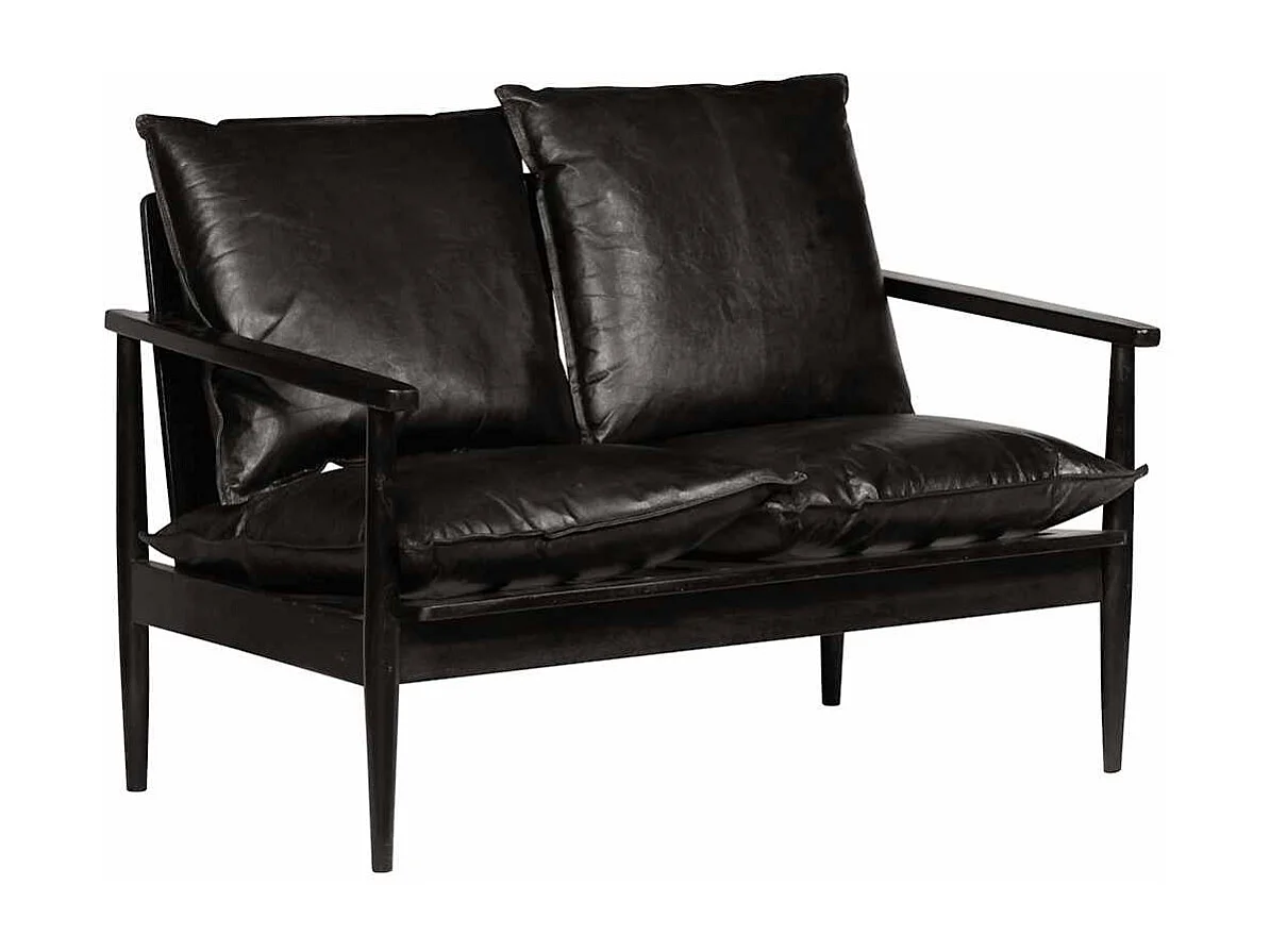 Sofá de 2 lugares couro genuíno c/ madeira de acácia preto