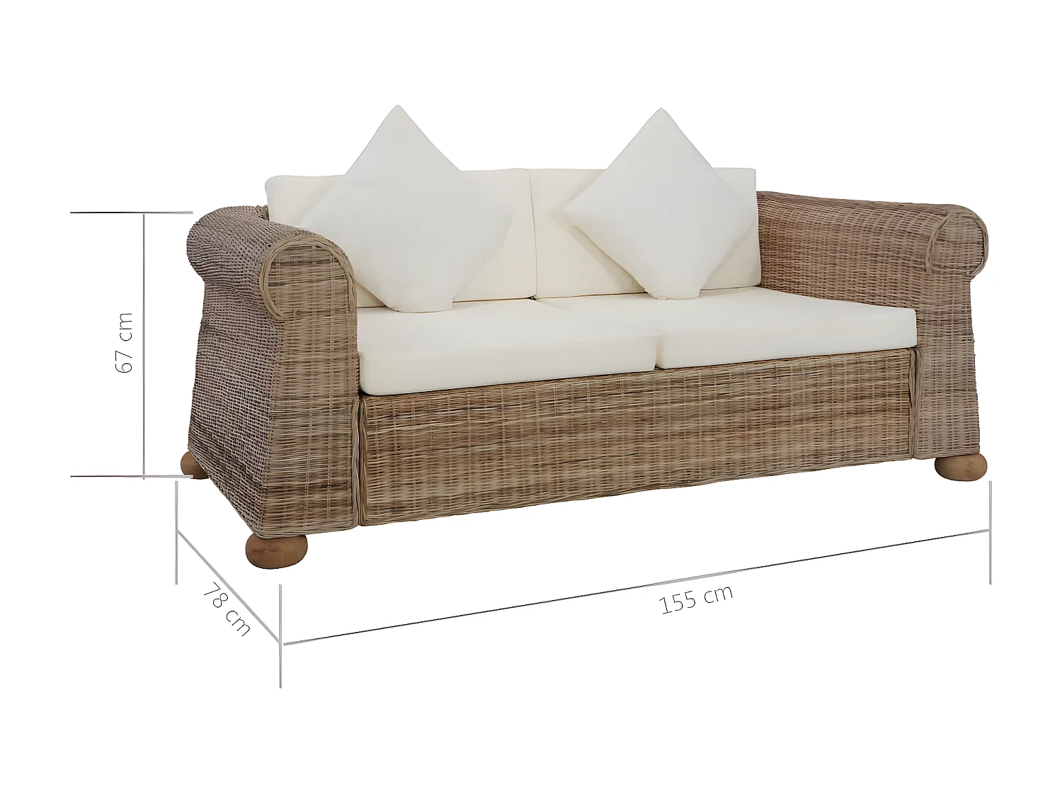 Canapé à 2 places avec coussins Rotin naturel