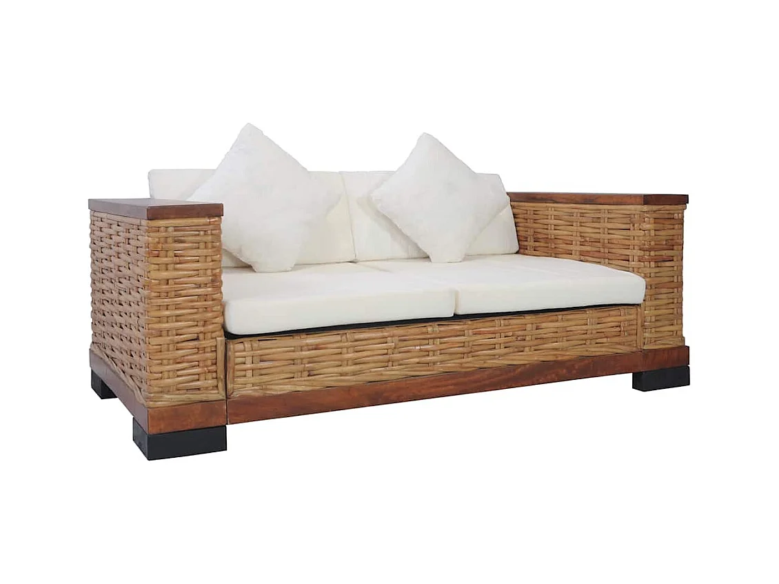 Divano a 2 Posti con Cuscini Marrone in Rattan Naturale