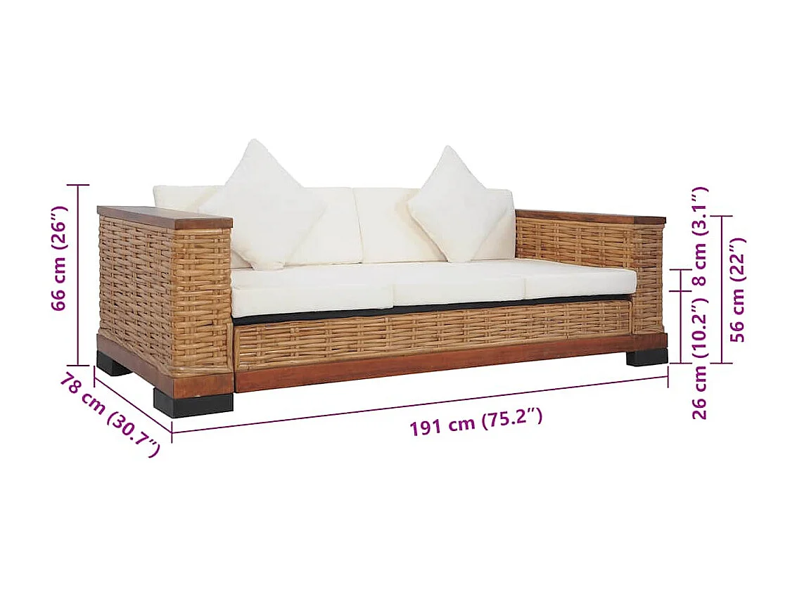 Canapé à 3 places avec coussins Marron Rotin naturel